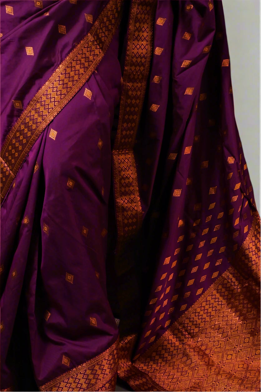 Assam Handmade Purple & Gold Mixed Pat Silk Mix Saree